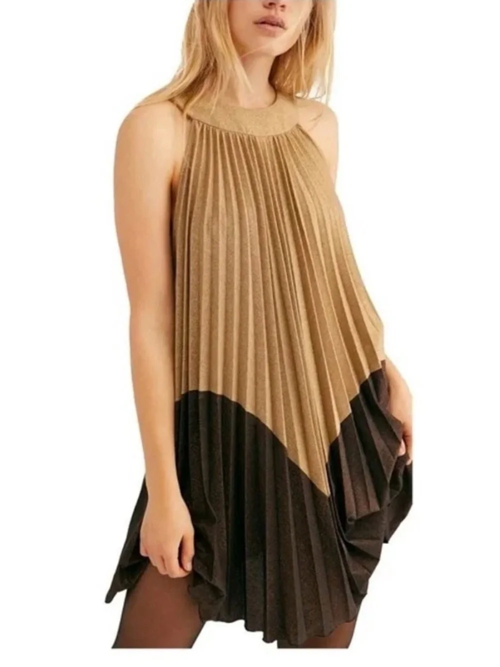 Free People Womens Pleated Love Metallic Mini Sleeveless Shimmery Halter Dress
